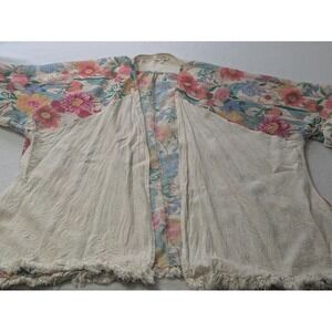 Umgee Kimono 3/4 Sleeve Fringe Hem Open‎ Tunic Med Large Linen Oatmeal Floral